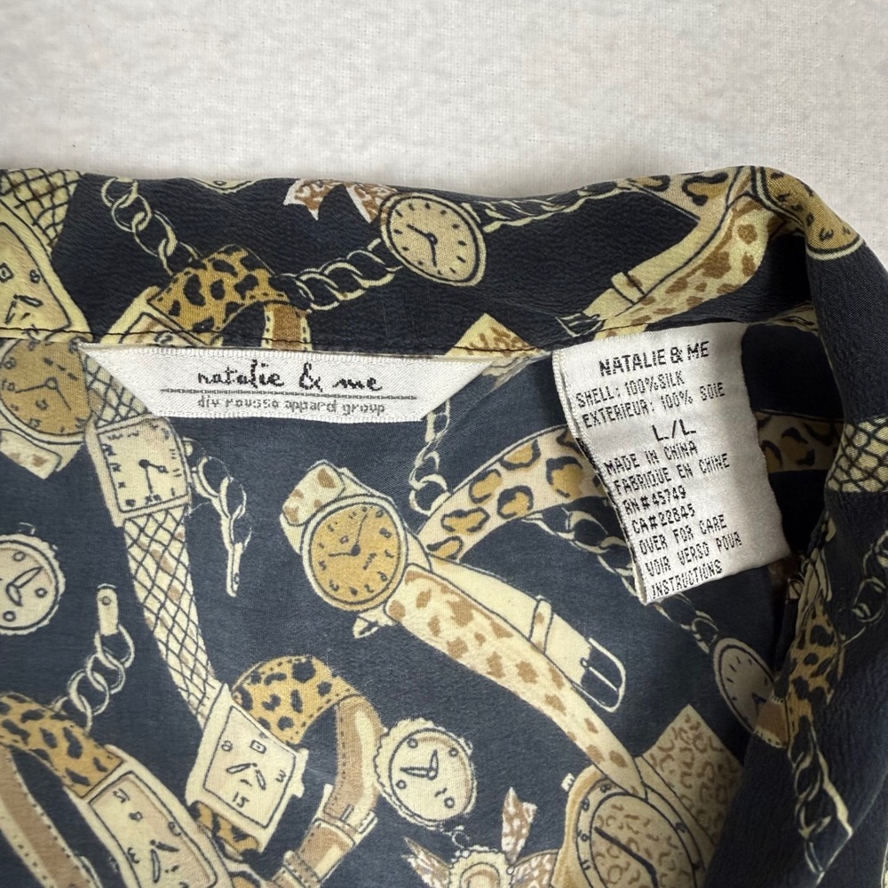 Natalie & Me Vintage 100% Silk Watch leopard Print Button Shirt Large Black 90s - Picture 2 of 9